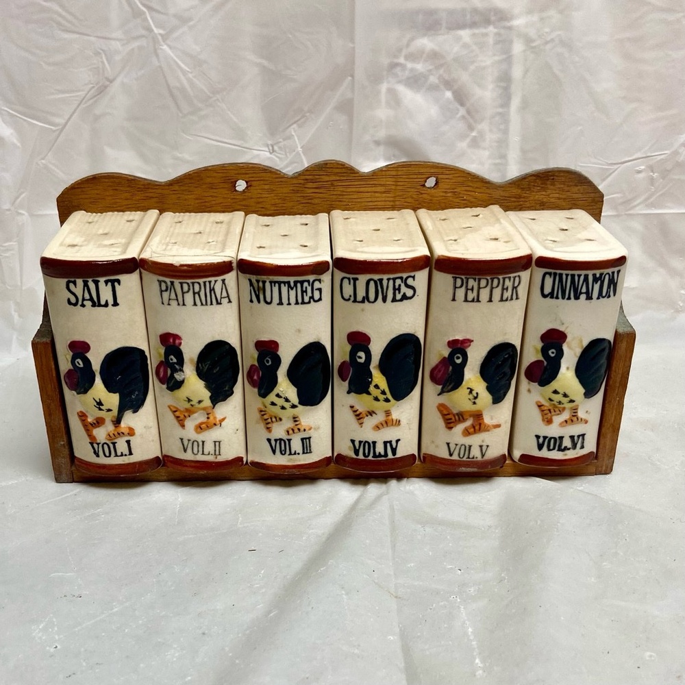 Vintage, Rare, Japan, 7-pc Turkey Shaker Set  with Wooden Rack